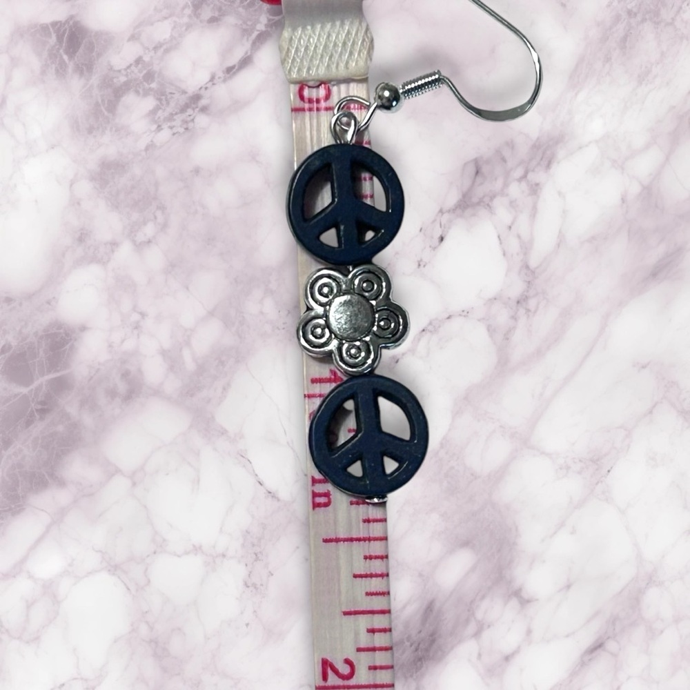 Hand Crafted Earrings Blue Peace Flowers Long Pierced Silver Howlite Dangle - Picture 3 of 5